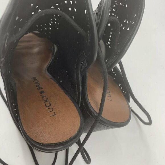 Lucky Brand Black Leather Wedge Booties Ankle Wrap - Picture 6 of 10